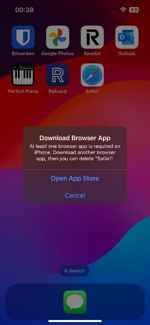 An error message on iOS. Reads At least one browser app is required on iPhone. Download another browser app, then you can delete 'Safari'. An error message on iOS. Reads At least one browser app is required on iPhone. Download another browser app, then you can delete 'Safari'.