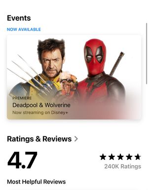 A screenshot of the disney+ iOS app store page showing the the new deadpool film is now available. A screenshot of the disney+ iOS app store page showing the the new deadpool film is now available.