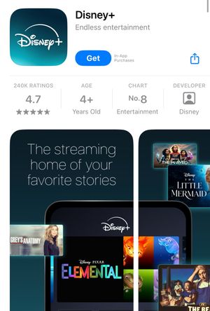 A screenshot of the disney+ iOS app store page. It has the age rating 4+. A screenshot of the disney+ iOS app store page. It has the age rating 4+.