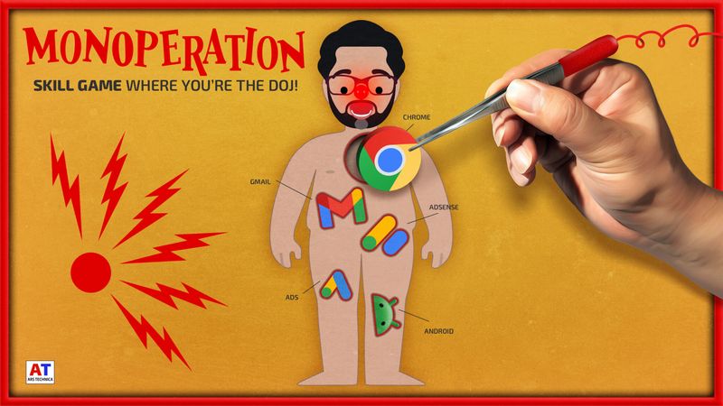 A "game" board that looks like the game Operation, but instead of pieces of internal anatomy there are logos for chrome, gmail, ads, adsense, android and on the board it says "Monoperation: Skill game where you are the DOJ" and the person is removing chrome, and a buzzer is going off A "game" board that looks like the game Operation, but instead of pieces of internal anatomy there are logos for chrome, gmail, ads, adsense, android and on the board it says "Monoperation: Skill game where you are the DOJ" and the person is removing chrome, and a buzzer is going off