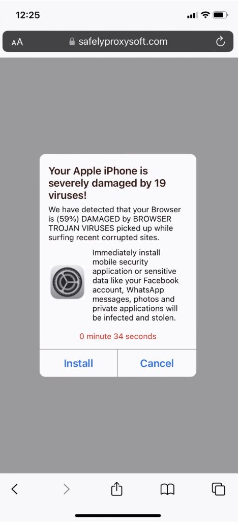 Full page advert on internet reading 'Your phone has been severely damaged by 19 viruses. Full page advert on internet reading 'Your phone has been severely damaged by 19 viruses.