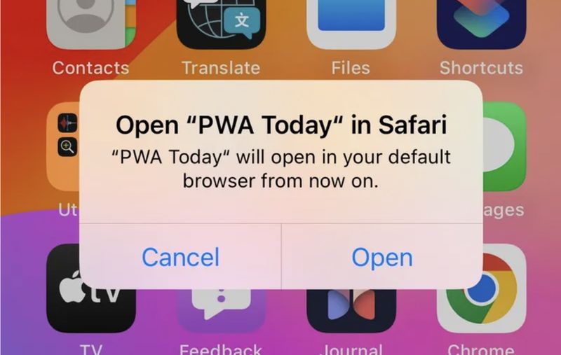 An image of Apple&#39;s new pop up informing the user that the web app will now instead open as a webpage in the default browser.