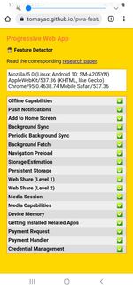 Chrome (Android) progressive web app feature detector results showing 18/18 feature support Chrome (Android) progressive web app feature detector results showing 18/18 feature support
