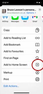 A circled example of the Add to Home Screen action in the iOS Safari share drawer A circled example of the Add to Home Screen action in the iOS Safari share drawer